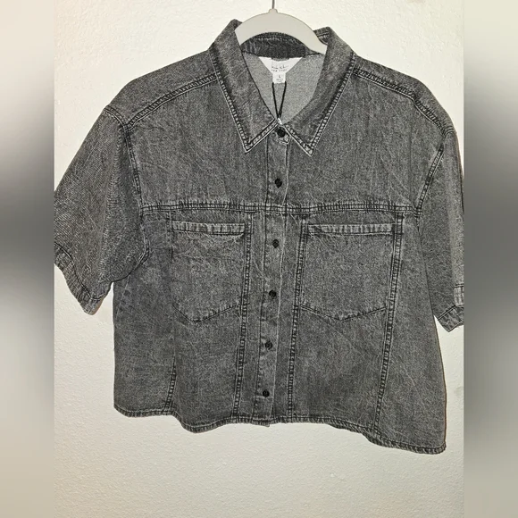 Nicole Miller New York-Black Denim Oversized Crop Button Up Size Large - Picture 3 of 6